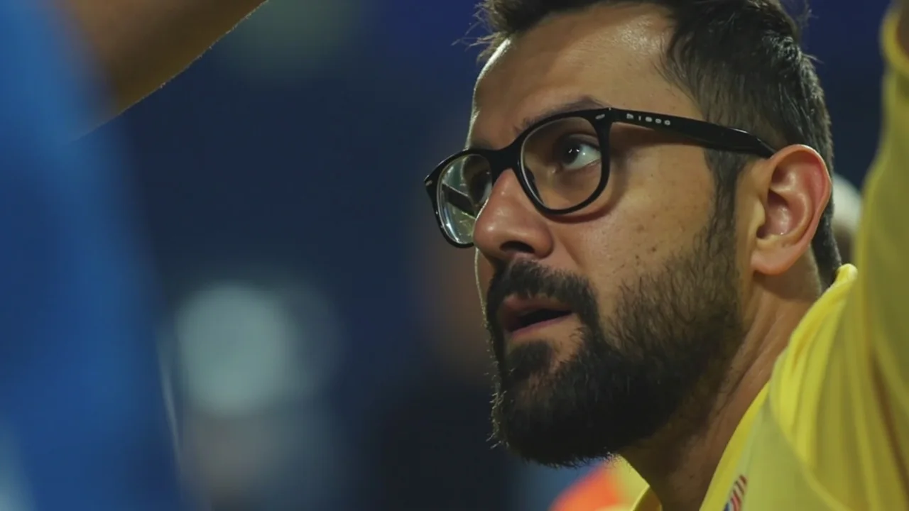 Close sideline frame of an IPL batter on the front foot against spin at an afternoon Chepauk fixture with the batter's bat raised mid-shot