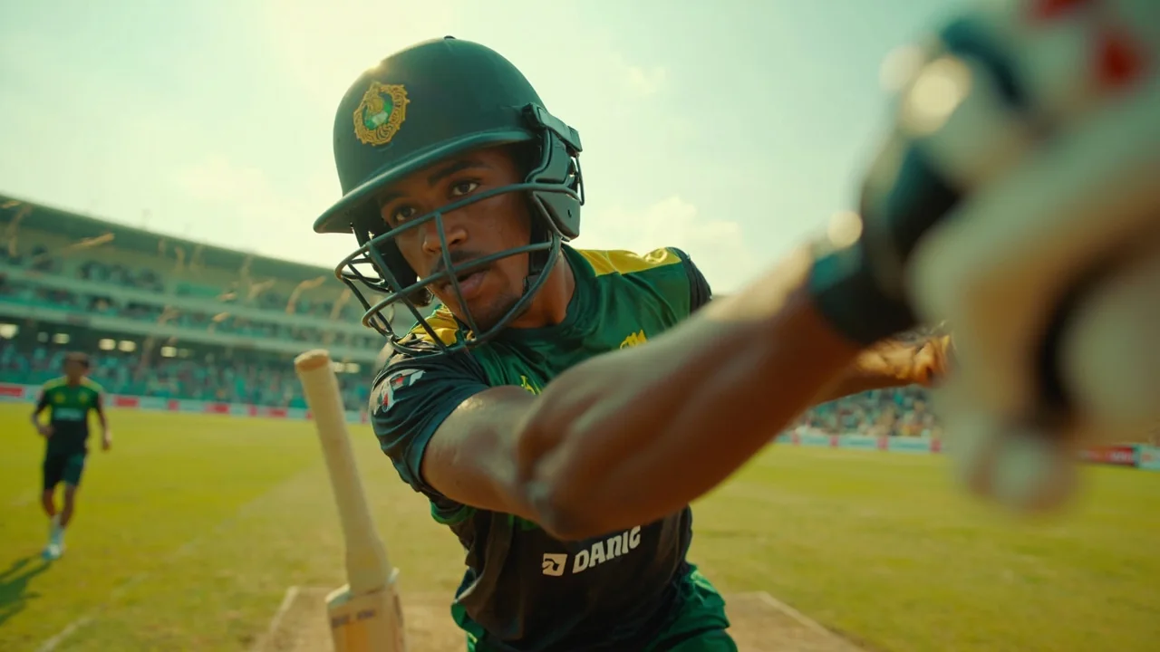 Tight sideline action frame from a Lanka Premier League Match 6 fixture, showing a batter mid-stroke under stadium lights