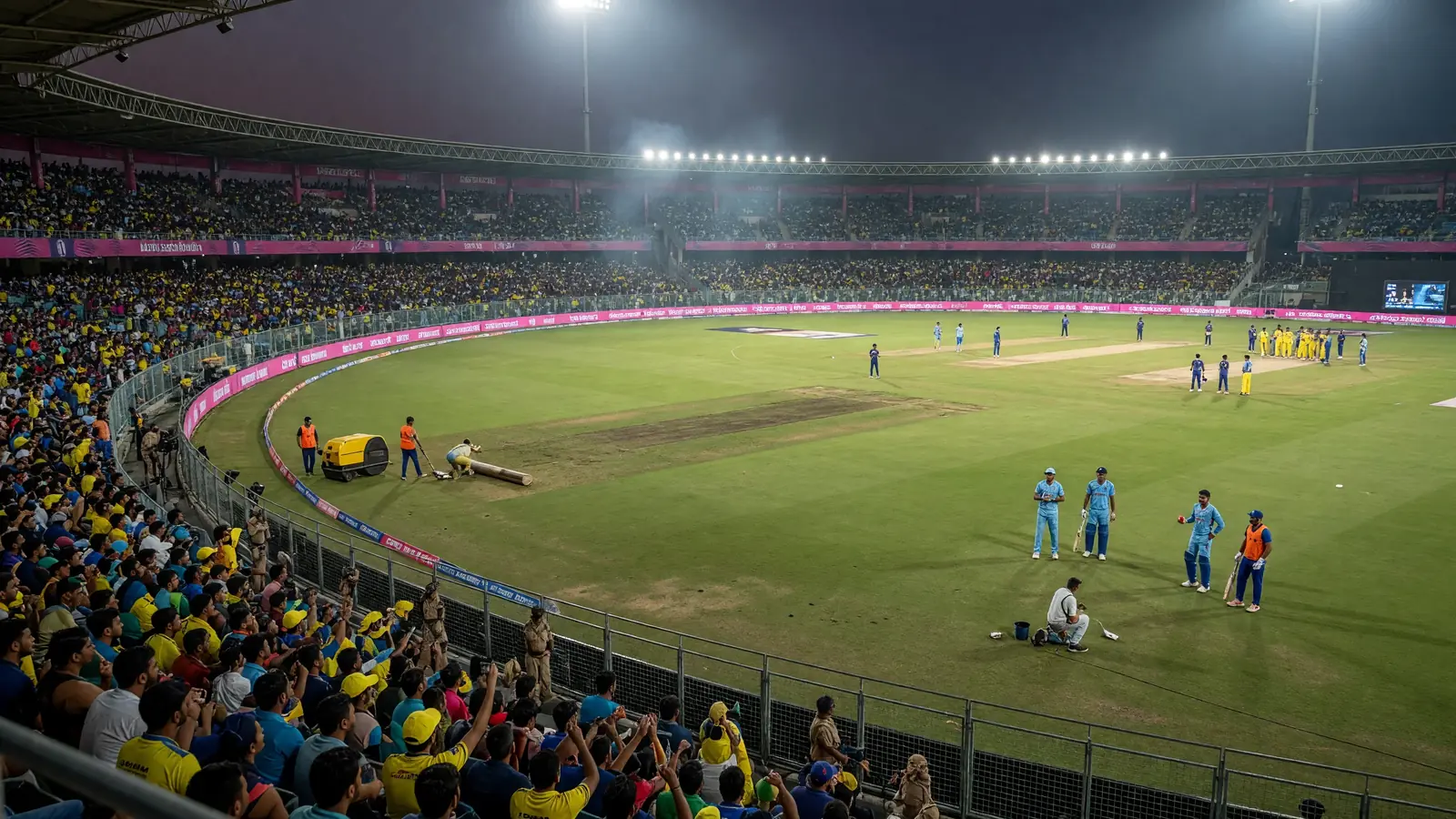 Wide afternoon view of a packed IPL stadium in Lucknow with the outfield and layered crowd under clear sky