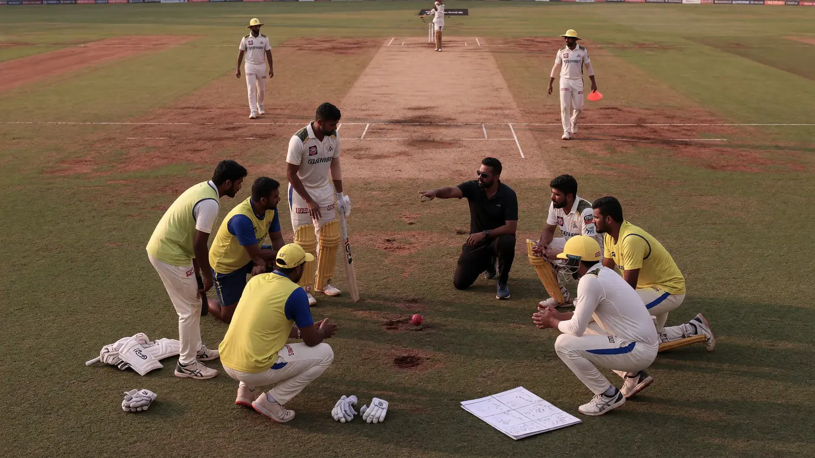 Medium view of fielders and bowler setting for the next delivery during an IPL innings with cones and outfield visible