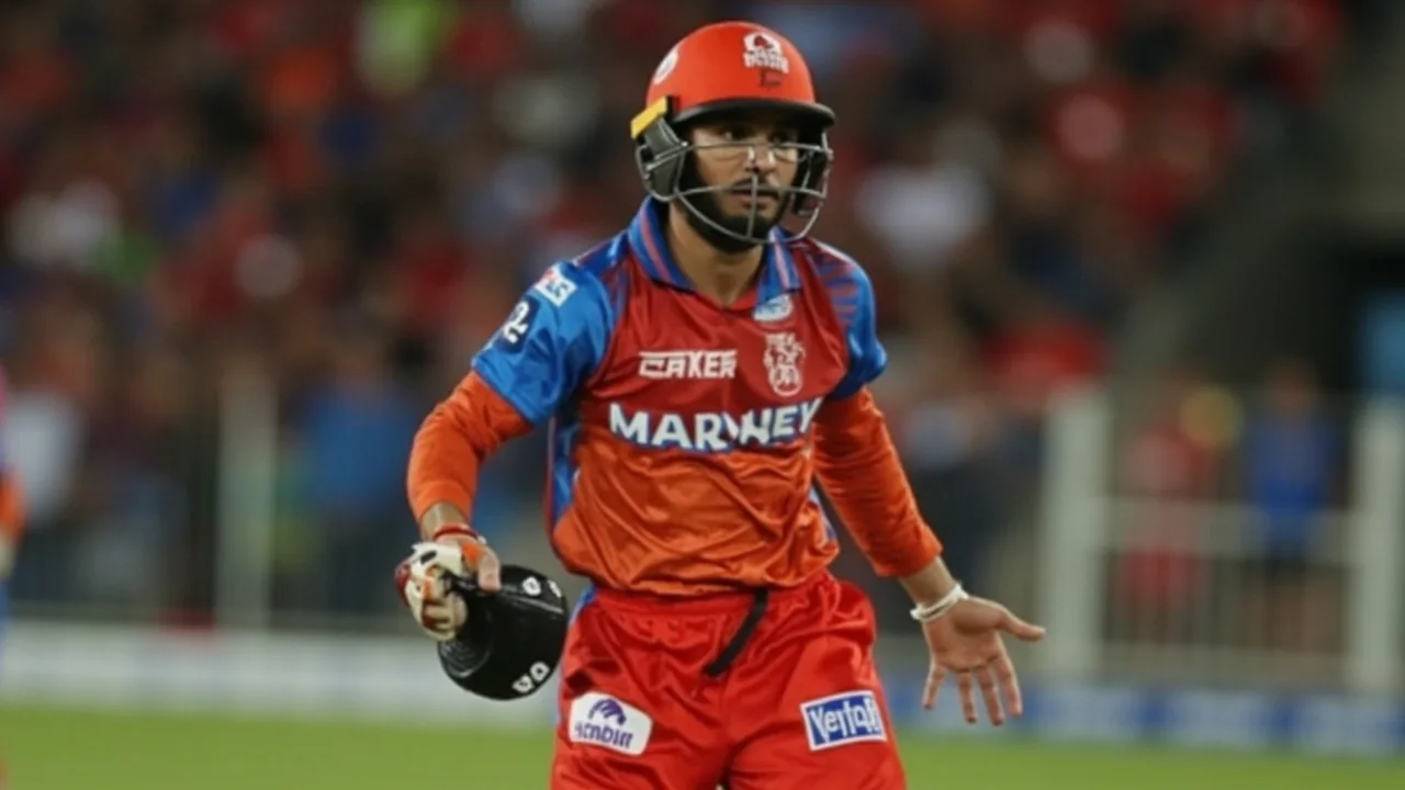 Tight sideline frame of an IPL batter mid-stroke under Dharamsala floodlights with the wicketkeeper visible behind